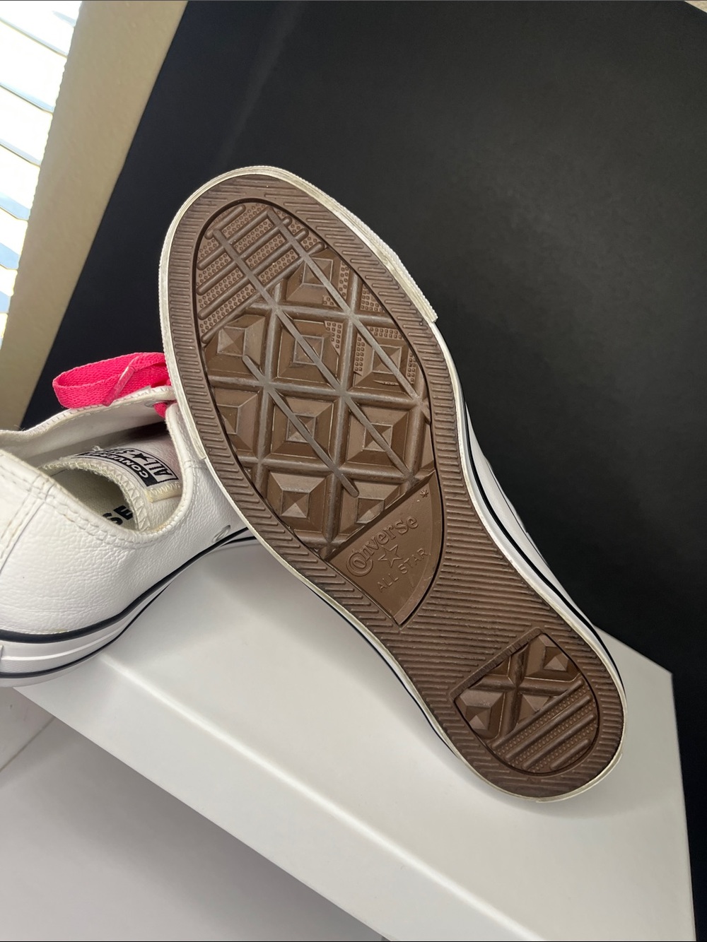 Leather Converse, White Low-Top with Bright Pink Laces - Picture 9 of 10